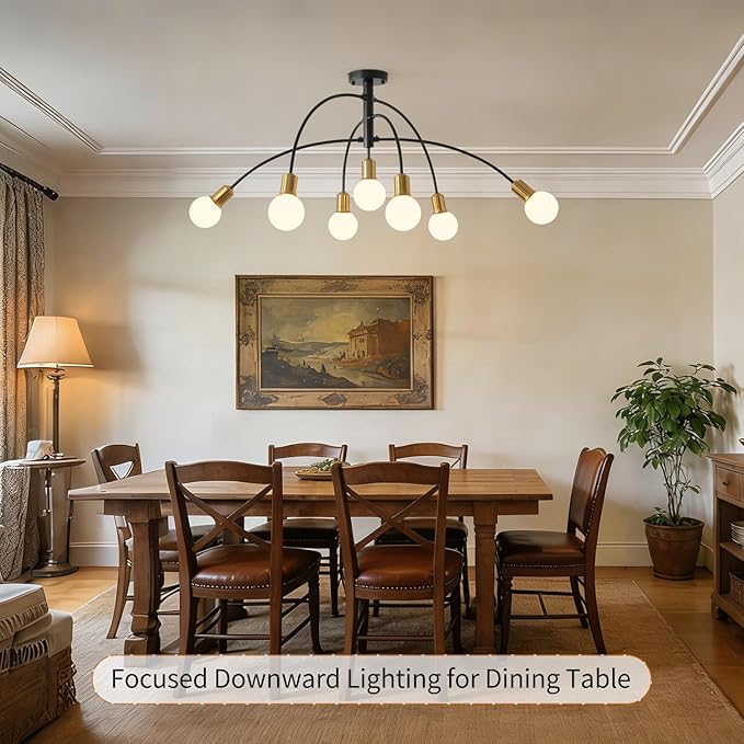 Modern Mid Century Large Kitchen Island Chandelier,Bright Long 7 Light Gold and Black Sputnik Semi Flush Mount Ceiling Light Fixture for Dining Room Living Room Bedroom