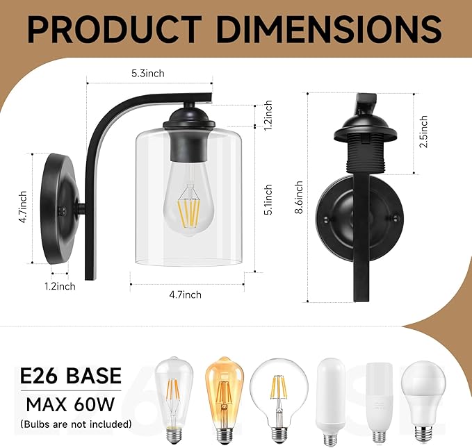 CANMEIJIA Wall Sconce 1 Light, Modern Wall Lighting Fixture, Bathroom Vanity Lights with Matte Black Wall Lamp for Bedroom Kitchen Hallway Porch, Clear Glass Shade, E26 Socket, Bulbs Not Included