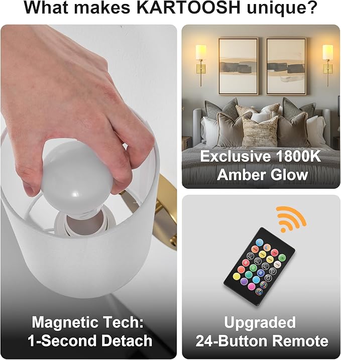 KARTOOSH Battery Operated Wall Sconce Set of Two, Wireless Rechargeable Wall Light with Remote Control, Dimmable, 4 Color Temperatures, RGB, Timer, for Living Room,Bedroom,Entryway, Gold, 20.6 Inch