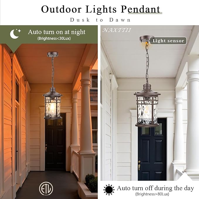 Large Outdoor Pendant Light Dusk to Dawn Hanging Porch Light Anti-Rust Aluminum Exterior Hanging Lighting Fixtures for Front Door Gazebo E26 Socket Oil Rubbed Bronze Finish