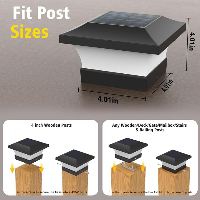 T-SUN 4X4 Solar Post Cap Lights, 2 Pack Warm White LED Fence Post Solar Lights, Outdoor Waterproof Post Lights for Wood & Vinyl Fence Posts, Deck, Patio Railing, Porch, Black