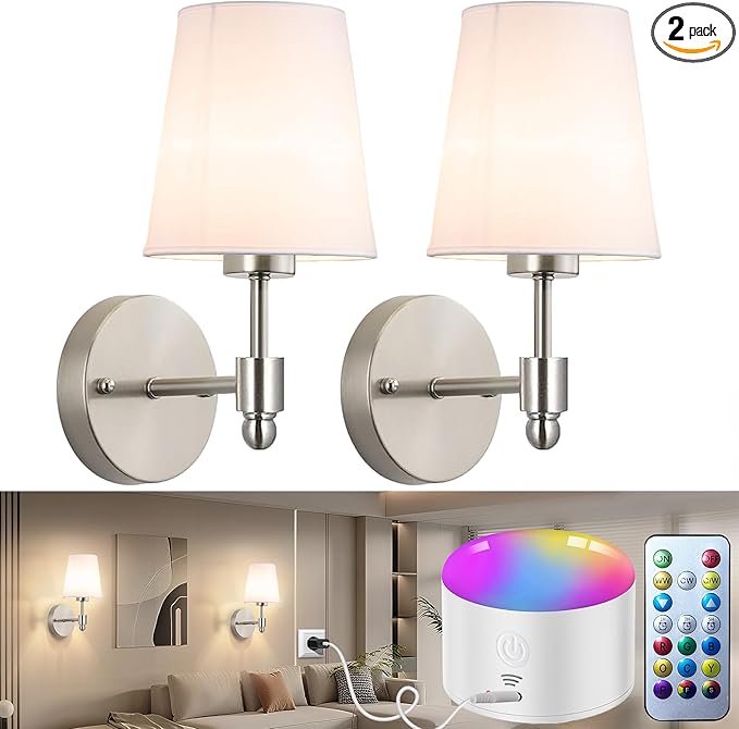 YHCDLAMP Battery Operated Wall Sconces Set of Two, Rechargeable Wireless Wall Lights with 10000mAh RGB Dimmable Detachable Bulb, Battery Sconces Wall Decor with Remote for Bedroom Living Room Hallway
