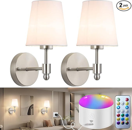 YHCDLAMP Battery Operated Wall Sconces Set of Two, Rechargeable Wireless Wall Lights with 10000mAh RGB Dimmable Detachable Bulb, Battery Sconces Wall Decor with Remote for Bedroom Living Room Hallway