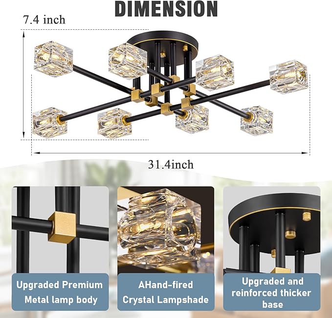 Modern Crystal Ceiling Light Fixture,Semi Flush Mount Ceiling Light with 8-Lights,Farmhouse Black and Gold Sputnik Chandeliers for Bedroom,Dining Room,Kitchen,Entrway,Foyer,Hallway