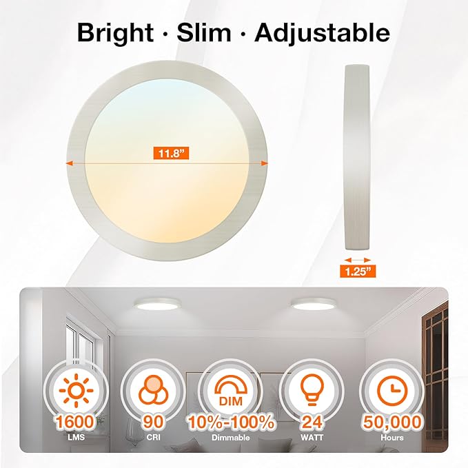 Sylvania 12" LED Flush Mount Ceiling Light Fixture, 24W, 5 Color Select (2700K - 5000K), 1600 LMS, Hardwired, Brushed Nickel, LED Lights for Bedroom Kitchen Hallway Porch - 1 Pack (66463)