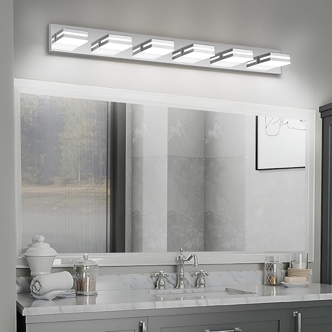 Modern LED Bathroom Lights Fixtures 6-Light,Stainless Steel Chrome Acrylic Wall Lighting,Vanity Lights for Bathroom Over Mirror 6000k 41in