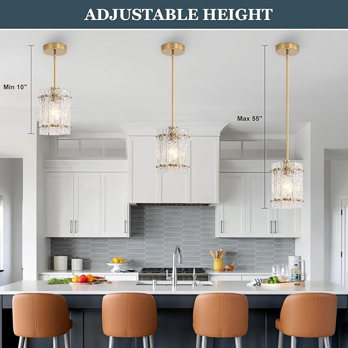 Gold Glass Pendant Lights Kitchen Island, Water Ripple Round Pendant Lights Adjustable Modern Hanging Pendant Light Fixtures for Kitchen Island Dining Room Above Sink Foyer Entryway 1 Pack
