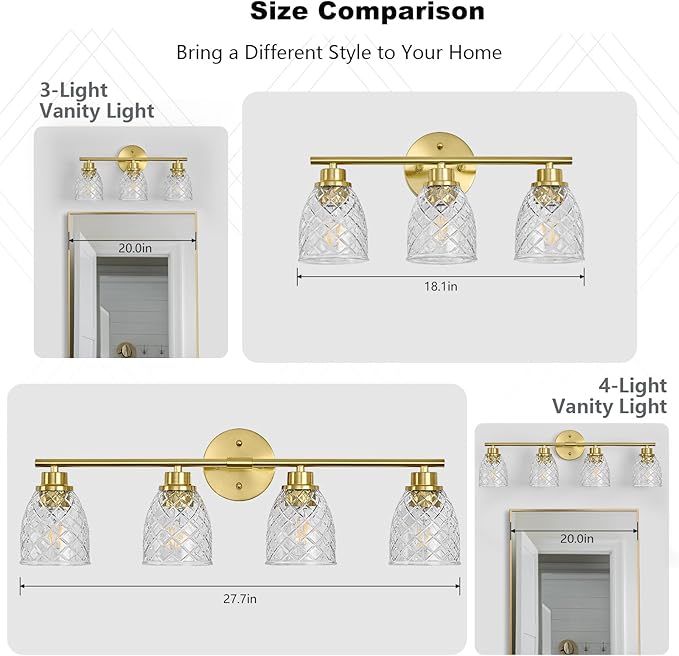 3-Light Bathroom Light Fixtures, Modern Brushed Gold Vanity Light Over Mirror, Wall Sconce with Clear Hammered Glass Shades, E26 Base (Bulbs Not Included)