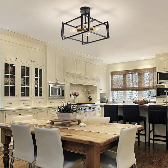 HuisMier Industrial Semi Flush Mount Ceiling Light, 4-Light Farmhouse Ceiling Lights Fixture, Black and Gold Metal Close to Ceiling Lighting Fixtures for Dining Room Bedroom Kitchen Island Foyer