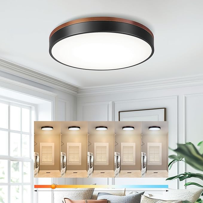 Ken & Ricky 16 Inch Wood Flush Mount Ceiling Light,Modern Led Ceiling Light Fixtures Ceiling Mount, 24W 3000K-6500K Color Dimmable for Bedroom Kitchen Bathroom Hallway 1PK