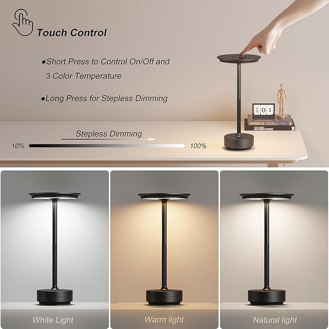 TBBGA 2 Pack Rechargeable Table Lamps Cordless, Portable 5000mAh Outdoor Table Light, 3 Color Stepless Dimming LED Table Lamp with Memory Function, for Home/Dinner/Patio/Restaurant.(Black)