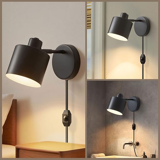 LIGHTESS Plug in Wall Sconces Set of 2 with Switch, 350° Rotatable Dimmable Corded Wall Sconce, Black Wall Lamps for Bedroom Living Room Hallway Kitchen Bedside (Bulb Not Included)