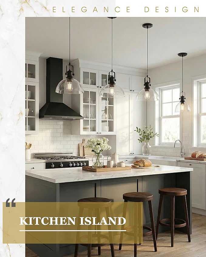 2-Pack Pendant Lights Kitchen Island, 7.5" Farmhouse Black Pendant Lighting with Clear Glass Shade, Vintage Hanging Light Fixtures for Dining Room Entryway, Adjustable Cord, AD-22151-1P2-BK-C