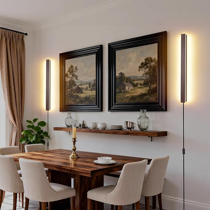 Farmhouse Plug in Wall Sconces, 23.6 inch Faux Walnut Finish LED Long Wall Lights, 12W Warm White 3000K Acrylic Indoor Wall lamp,with 59" Plug Cable for Bedroom, Living Room, Bathroom Makeup, Hallway