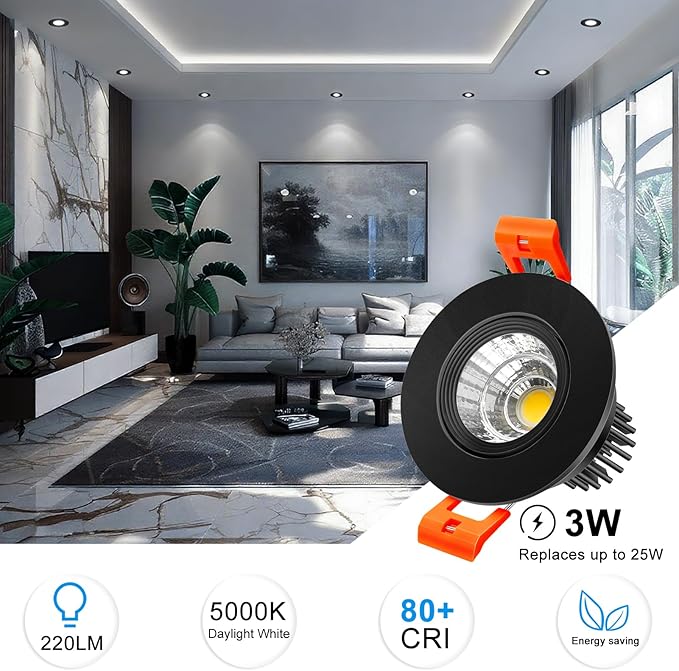 inShareplus 2 Inch LED Downlight, 3W Recessed Lighting 220LM COB Dimmable, 5000K Daylight White, CRI80, Black Trim, Ceiling Lights with LED Driver, 20 Pack