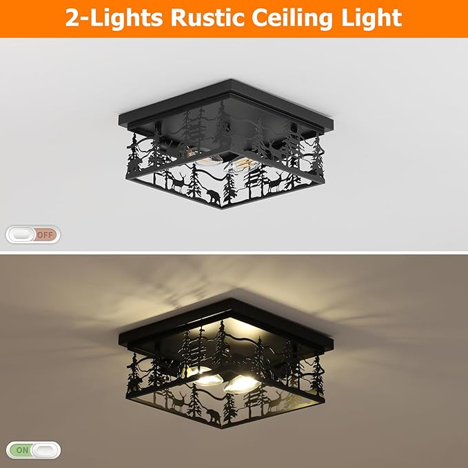 2 Pack Rustic Industrial Flush Mount Ceiling Light, 11" Black Metal Cabin Design E12 Square Ceiling Light Fixture, for Kitchen, Foyer, Bedroom Farmhouse Lighting (Bulbs Not Included)