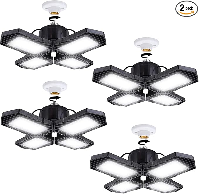 4Pack LED Garage Lights, 100W Deformable LED Lighting 10000LM E26 Daylight 6000K Super Bright Adjustable Lights for Warehouse
