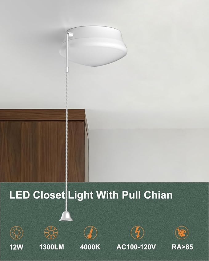 Lightdot 7” Modern LED Ceiling Light with Pull Chain 12W 4000K, 1300lm, 125W E26 Bulb Replacement, Energy Saving Flush Mount Lighting for Closets/Bedroom/Corridor (2 Pack)