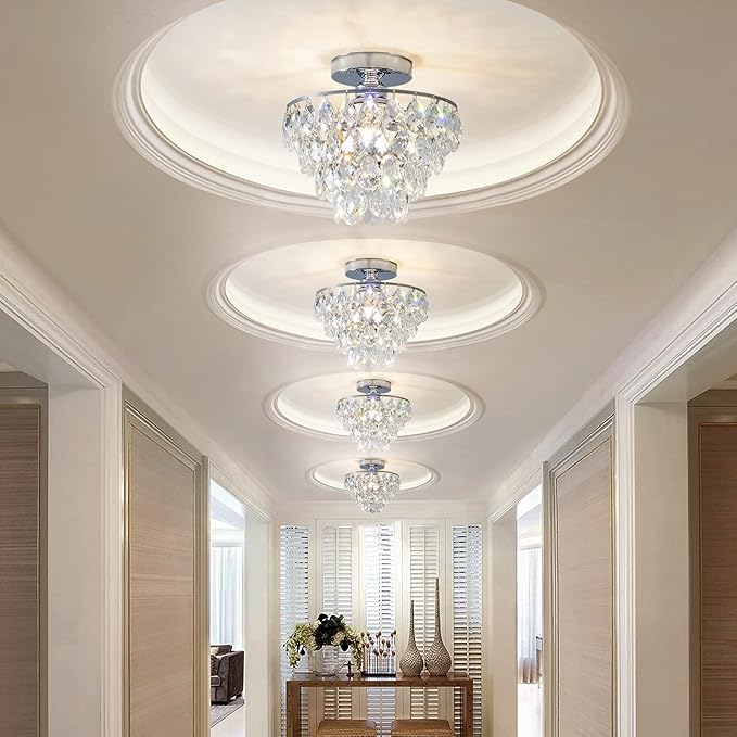 CM MZY Mini Crystal Chandelier Ceiling Light Small, Modern Chrome Crystal Flush Mount Ceiling Light, E26 Base Farmhouse Ceiling Lighting Fixture for Bedroom Bathroom Closet Hallway Kitchen