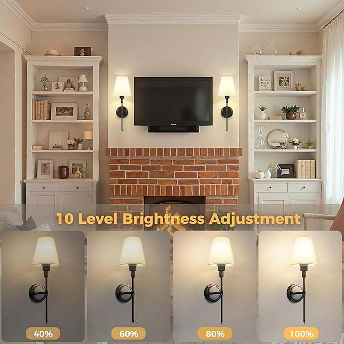 DORESshop Battery Operated Wall Sconce Set of 2, Wall Light Wireless Easy to Install, Dimmable and Adjustable Sconces Wall Decor, Rechargeable Wall Lamp for Bedroom, Living Room, Black 20.7in