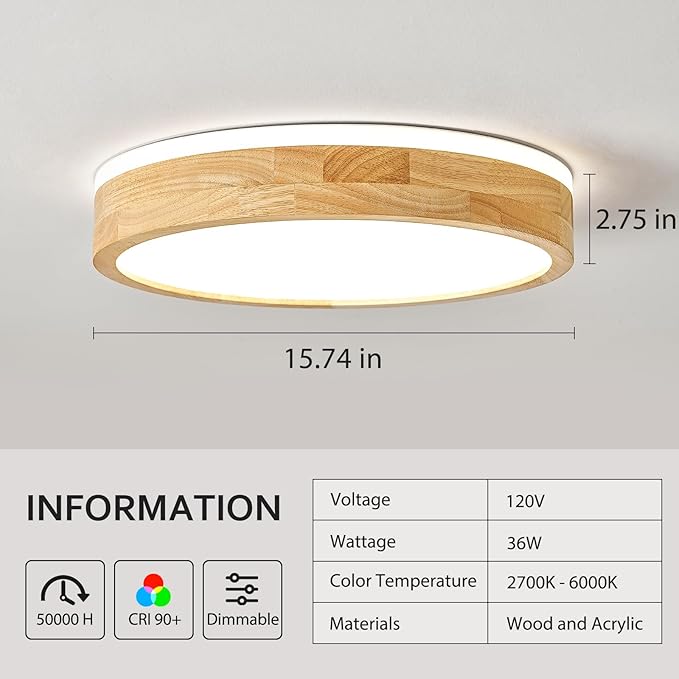 Pevfah Modern Dimmable Wood Flush Mount Ceiling Light, 2700K-6000K 5CCT Round Close to Ceiling Lighting Fixtures, Minimalist LED Ceiling Lamp for Bedroom, Kitchen, Hallway, Living Room-15.74in