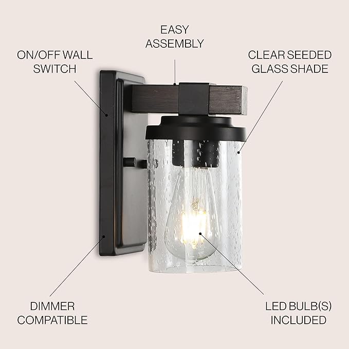 JONATHAN Y 4.5" Oil Rubbed Bronze LED Vanity Light, Rustic Farmhouse Sconce, Clear Seeded Glass Shade, Industrial Wall Lamp for Bathroom Mirror, Kitchen Sink, LED Bulb JYL7507A