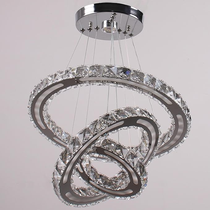 CXGLEAMING Chandeliers Modern Ceiling LED Fixture 3 Rings Adjustable Crystal Light Fixture Ceiling Hanging Pendant Light for Living Room Dining Bedrooms Hall 180mm Base 153 Crystals（White Light）