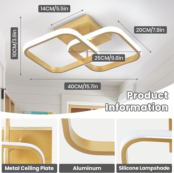 CANEOE 2 Packs Gold Led Ceiling Light Fixture,Modern Hallway Light Fixtures Ceiling Lighting,Square Close to Ceiling Lights for Bathroom Bedroom Kitchen Balcony Stair Small Hallway Lamp (Gold)