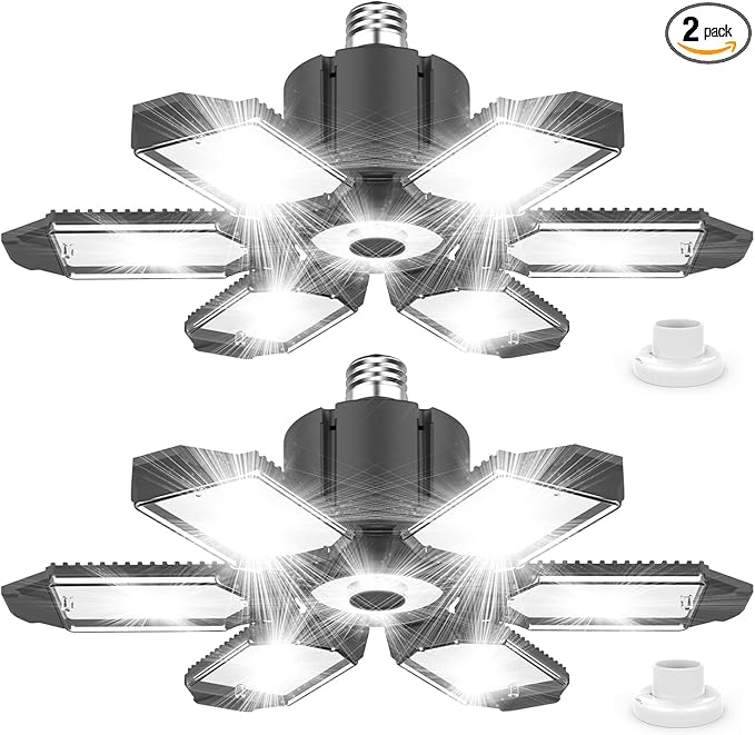 Led Garage Lights 2 Pack 200W Super Bright Ceiling Led Shop Lights, E26/E27 Base, 6500K, 22000LM Deformable Garage Light Ideal for Basement, Attic and Workshop, Commercial Bay Lighting