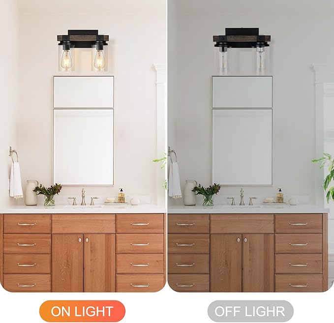Farmhouse Bathroom Light Fixture Wood Black Vanity Lighting 2-Light Wooden Wall Sconce Industrial Rustic Wall Light Fixtures Over Mirror with Clear Glass Shade for Bathroom Hallway Kitchen Bedroom