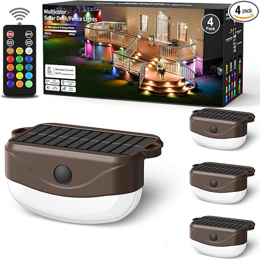 Solar Deck Lights Outdoor 4 Pack, 12 Color Changing Solar Powered Step Lighting with Remote, IP67 Waterproof Led RGB Colors Lamp for Outside Fence, Step, Stair Railing, Wall, Patio, Pool