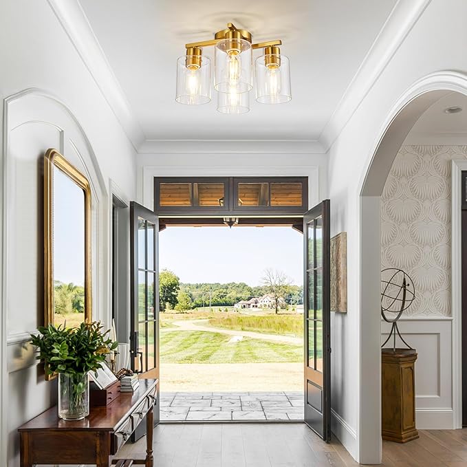 4 Light Semi Flush Mount Ceiling Light Brushed Gold Kitchen Lighting Fixtures Ceiling Brass Hallway Cieling Lights Fixture with Clear Glass Shade for Bedroom Dining Room
