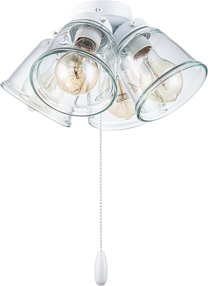 Aspen Creative 22018-1, Four-Light Ceiling Fan Light Kit with Pull Chain, Matte White Finish with Clear Glass Shades, 13-1/8" Diameter x 6-3/4" Height