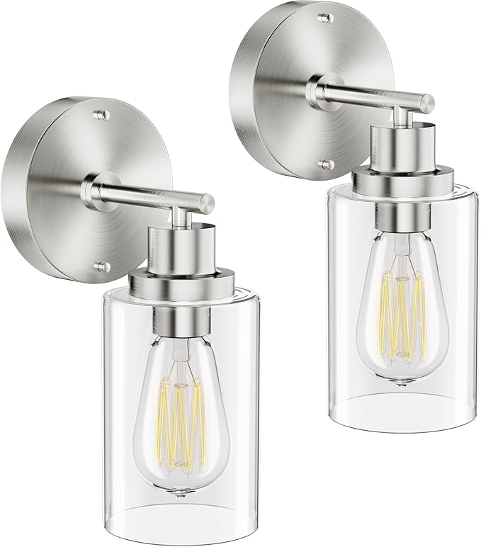GORDNWE Set of 2 Bathroom Wall Sconce, Brushed Nickel Vanity Light, Modern Wall Light Fixture with Clear Glass Shade and E26 Bulb Base, Wall Lamp Wall Mount Light Fixtures for Mirror, Bedroom