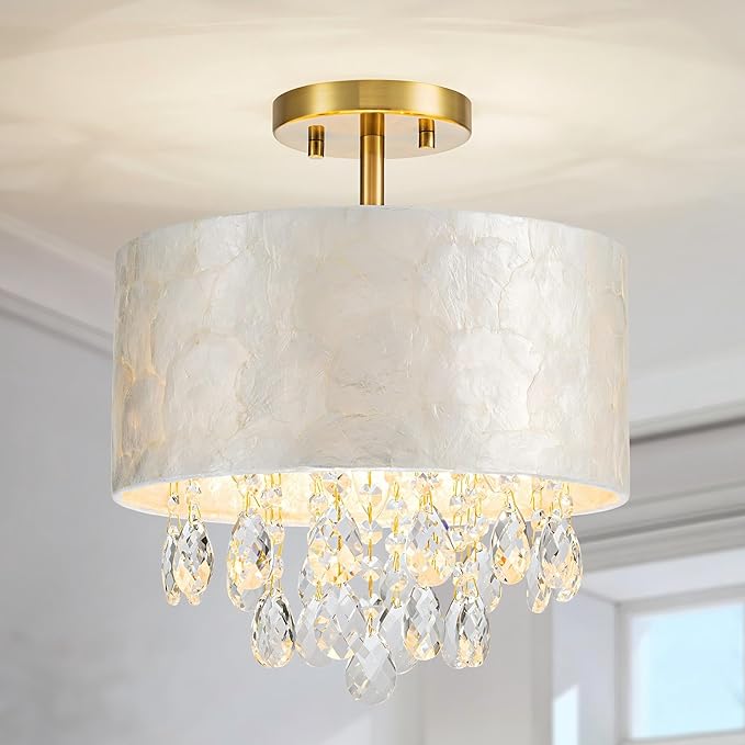 12inch 3-Light Capiz Shell Crystal Ceiling Light, Coastal Design Semi-Flushmount Drum Light Fixture for Hallway, Living Room, Bedroom, Clear Crystal & Shell Lampshade & Gold Finish Frame