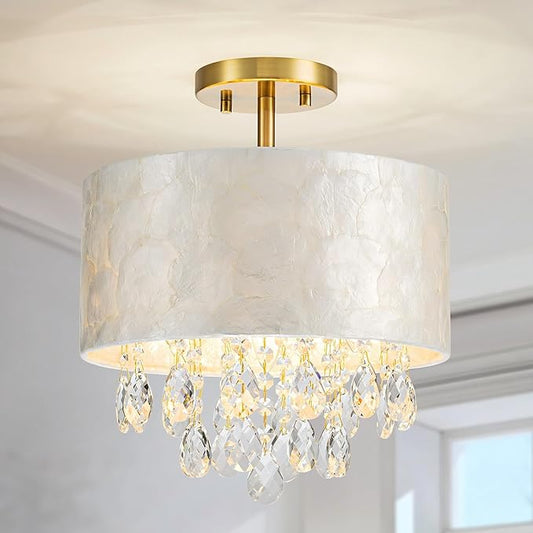 12inch 3-Light Capiz Shell Crystal Ceiling Light, Coastal Design Semi-Flushmount Drum Light Fixture for Hallway, Living Room, Bedroom, Clear Crystal & Shell Lampshade & Gold Finish Frame