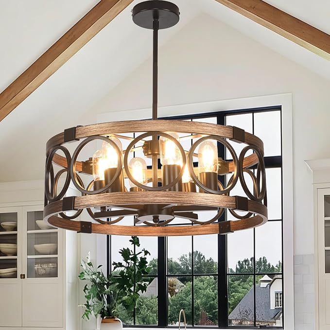 Semi Flush Mount Ceilnig Light,6-Light Farmhouse Chandelier Rustic Light Fixture Ceiling Mount 19.7" Vintage Drum Chandelier for Dining Room Light Fixtures for Kitchen
