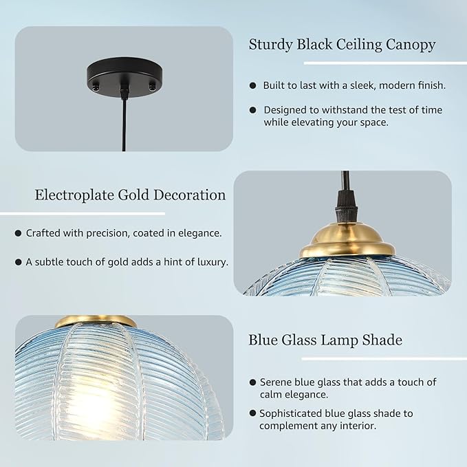 Blue Glass Pendant Light, Single Large 9.8-Inch Globe Shade Hanging Chandelier, Hand Blown Glass Ball Pendant Light Fixtures for Kitchen Island, Staircase, Dining Room, Living Room, Bedroom