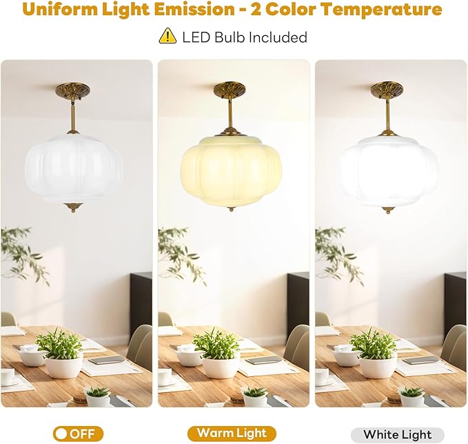15in White Milk Glass Ceiling Light, LED Bulb Included, Vintage Schoolhouse Semi Flush Mount Pendant Light Art Deco Chandelier for Kitchen Dining Room Hallway Bedroom, Antique Gold & White