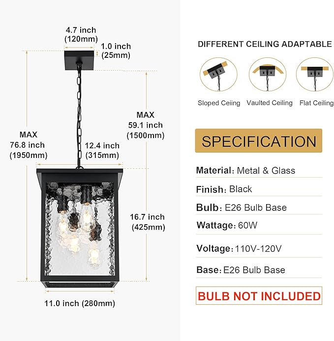 TODOLUZ Large 4-Light Outdoor Pendant Light Fixture, Exterior Hanging Porch Lighting with Hammered Glass for Foyer Entryway, Adjustable Long Chain & E26 Bulb Base