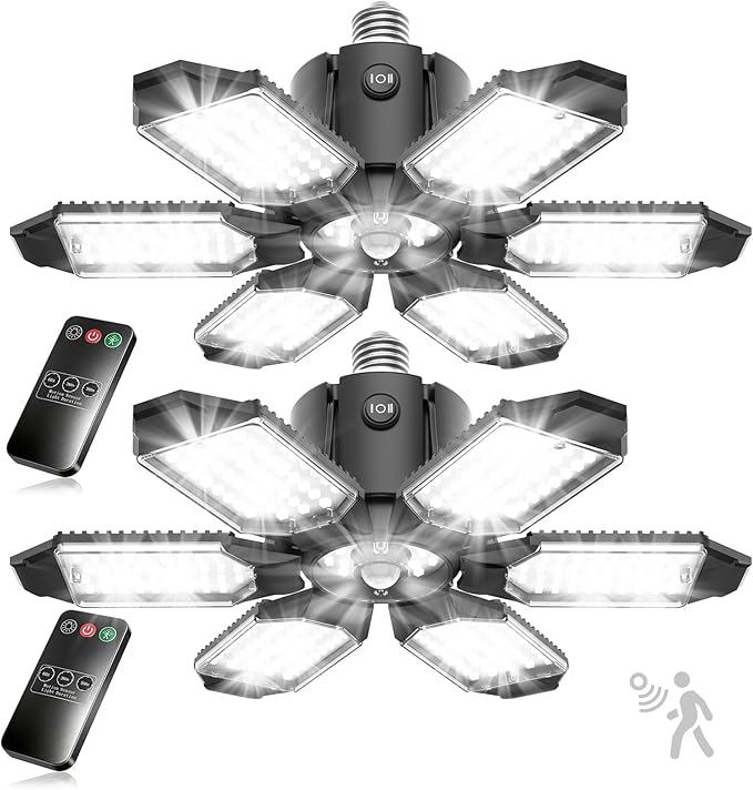 TANBABY 260W Motion Sensor Garage Lights, 30000LM Shop Lights with Remote Control 3 Modes (ON/Off/AUTO), 30/60/120s Timer, E26 Screw-in Deformable 6-Panel 6500K Ceiling Light for Garage Shop (2 Pack)