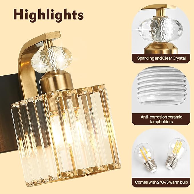 Modern Bathroom Vanity Light, 2-Light Black Gold Bathroom Lighting Fixtures Over Mirror, 12.6" Crystal Wall Light Sconce for Bathroom/Bedroom/Vanity, Includes LED Bulbs, Easy Installation
