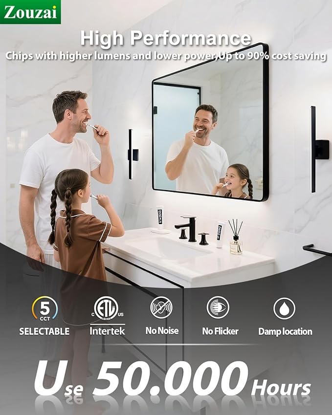 zouzai Second Generation Modern LED Bathroom Vanity Light Bar Black IP44 Over Mirror Bath Wall Fixture 5CCT Adjustable, Dual-Sided, 180° Adjustable Angle (16 inch)