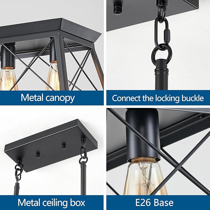 HuixuTe 5-Light Farmhouse Pendant Light for Dining Room, Rustic Kitchen Island Lighting, Adjustable Height Chandeliers for Kitchen, Dining Room Table Black