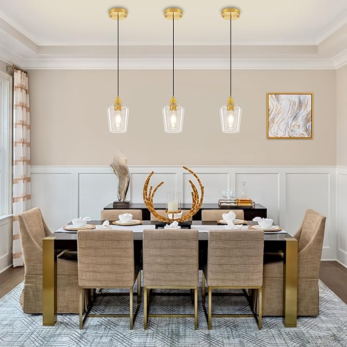 3-Pack Brushed Gold Pendant Lights Kitchen Island, Modern Glass Pendant Lighting Over Island Kitchen Hanging Light Fixtures Hallway Pendant Lights for Bathroom Dining Room Entryway Foyer Bedroom