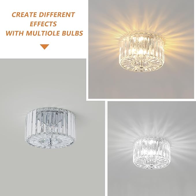 Crystal Ceiling Light, Modern Semi Flush Mount Ceiling Lighting Fixture, 8.89" Round Hallway Lighting Fixtures for Kitchen Entryway Laundry Room, 2-Light, Chrome, XDD007-1-CH