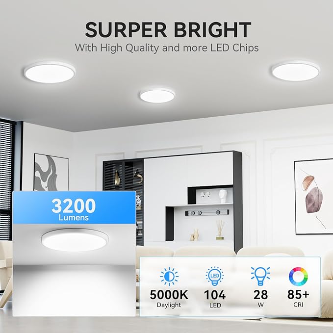 Two Pack 3200lm LED Flush Mount Ceiling Light, Super Slim 12 inch LED Ceiling Light, 5000K LED Ceiling Light for Bedroom, Living Room, Dining Room, Office, Garage, Warehouse…