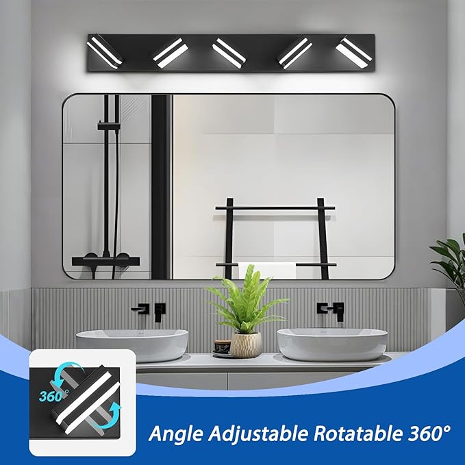 IZORRO LED Modern Bathroom Lights Fixtures(5-Light,Dimmable,360°Rotate),Matte Black Acrylic Wall Lighting,Vanity Lights for Bathroom Over Mirror - 6000k 30In （No Assembly Required）