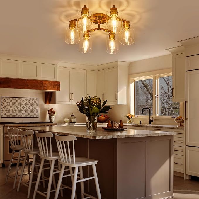 Gold Kitchen Lighting Fixtures Ceiling Dining Room Light Fixtures Brass Kitchen Ceiling Light Fixture Large Chandelier for Living Room Semi Flush Mount with Clear Glass Shade