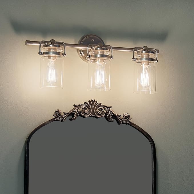 Kichler Brinley 24" Vanity Light in Brushed Nickel, 3-Light Farmhouse Bathroom Vanity Light with Clear Glass, (24" W x 10" H), 45689NI